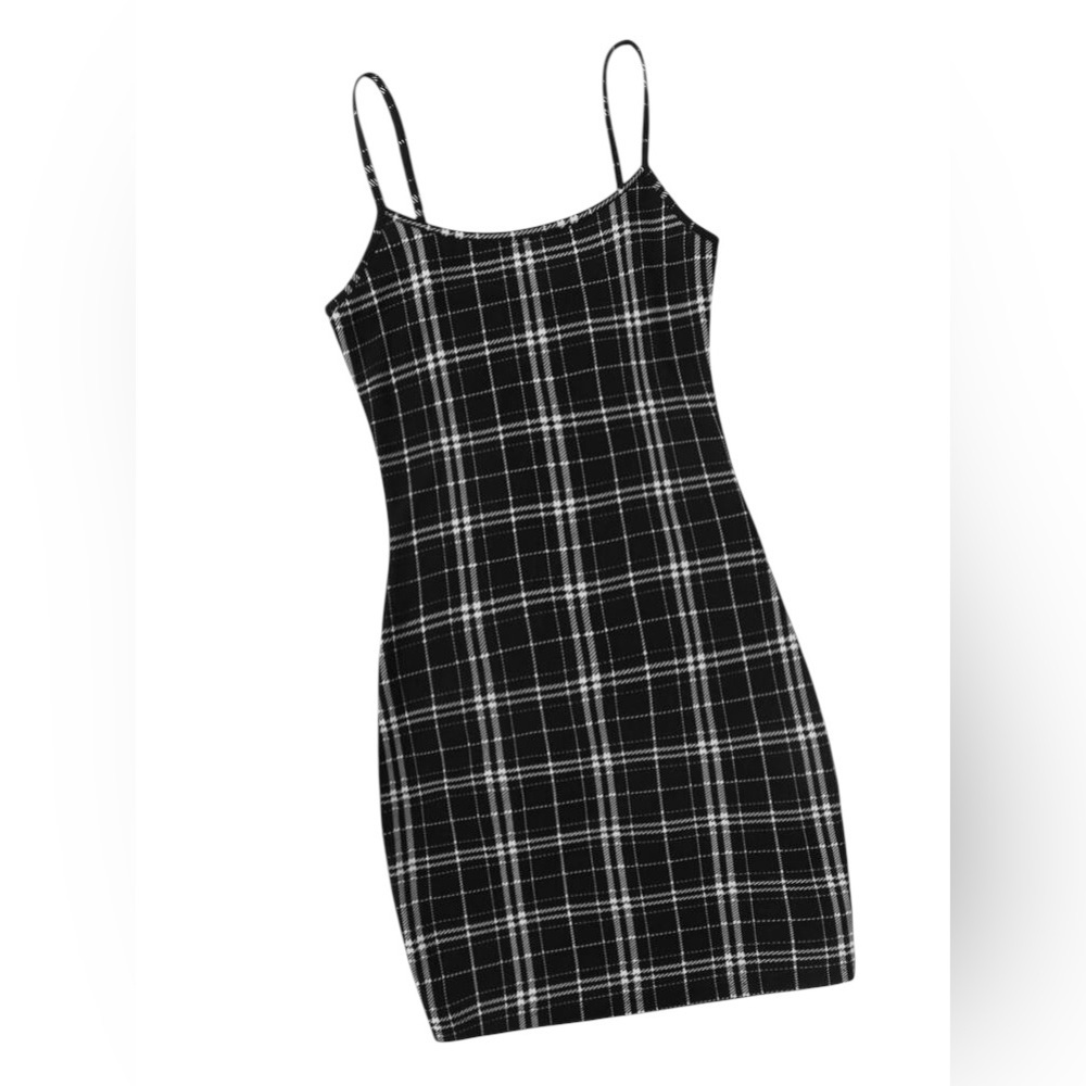 SHEIN Black White Plaid Bodycon Cami Mini Dress Y2K Size S